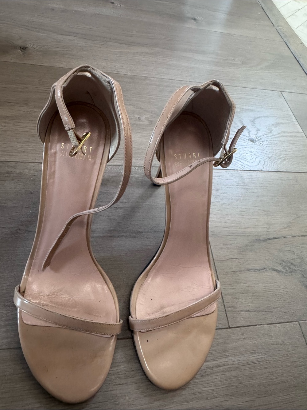 Stuart Weitzman Beige/Nude Ankle-Strap Leather Sandals